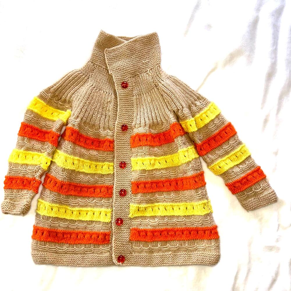 Vtg Baby Toddler Hand Knit Cardigan Sweater Jacket With Orange Yellow Stripes